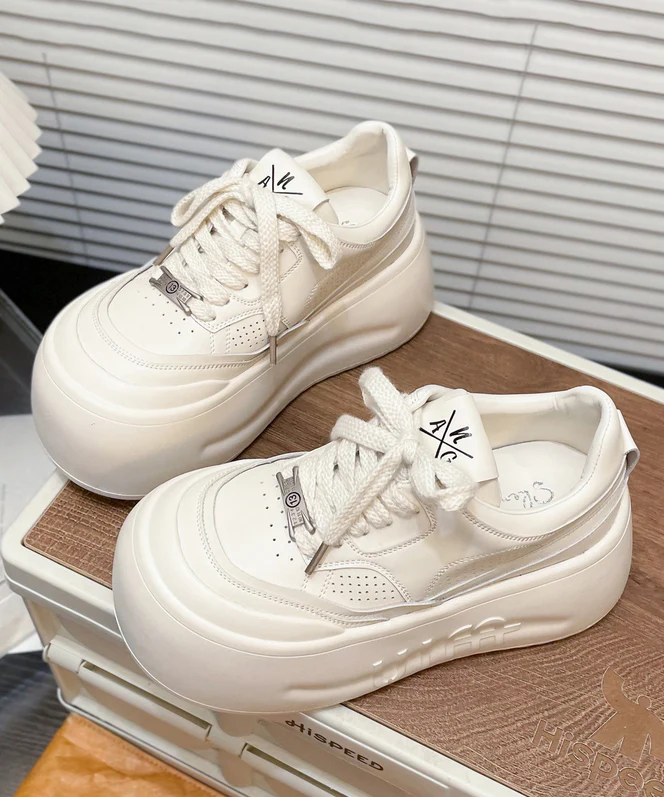 Casual Lace Up Splicing Platform Shoes Beige Cowhide Leather