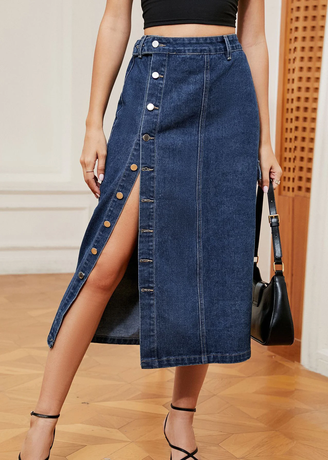 Navy Button Elastic Waist Denim Skirts Summer
