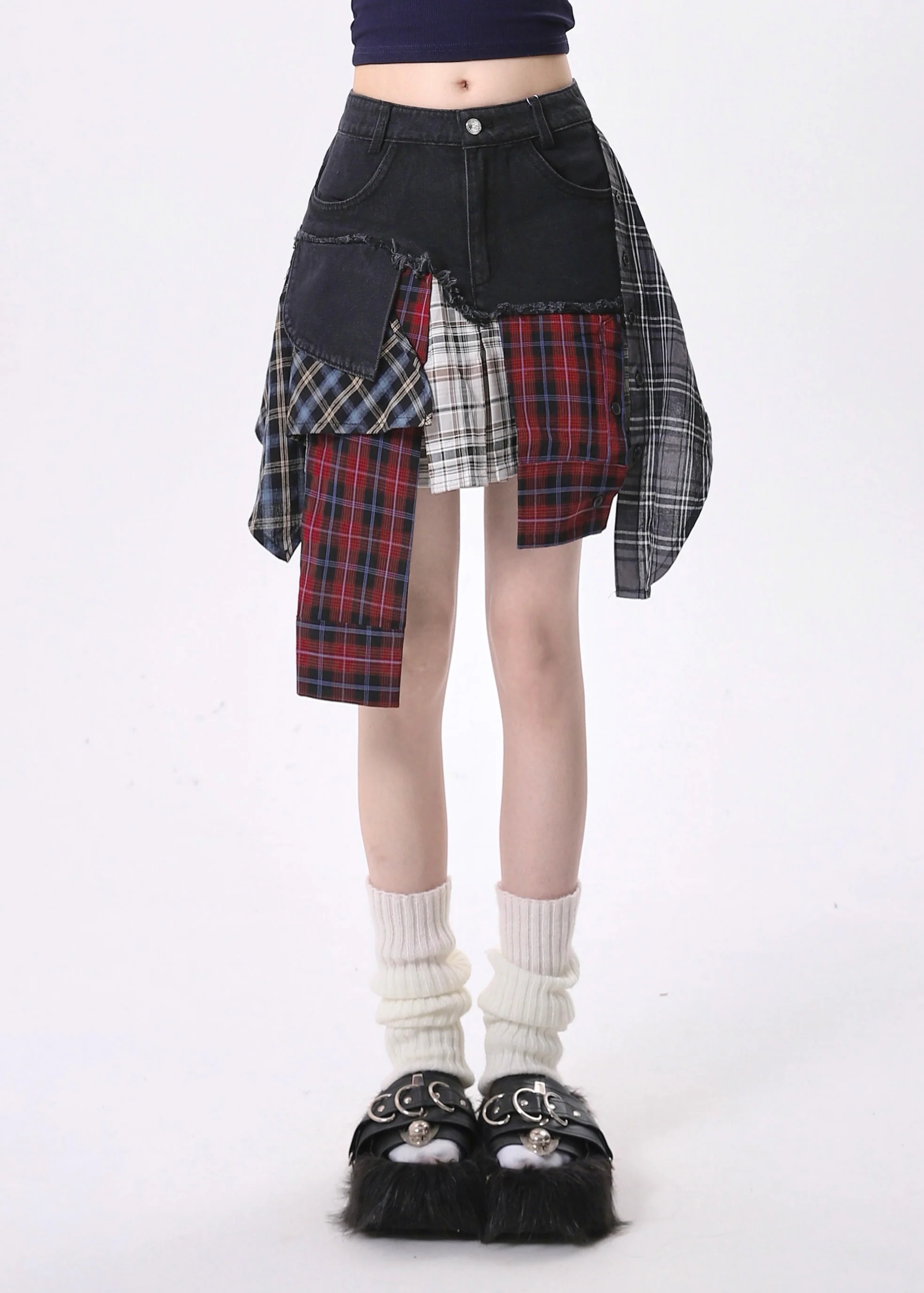 Silm Fit Black Asymmetrical Patchwork Denim Skirts Summer