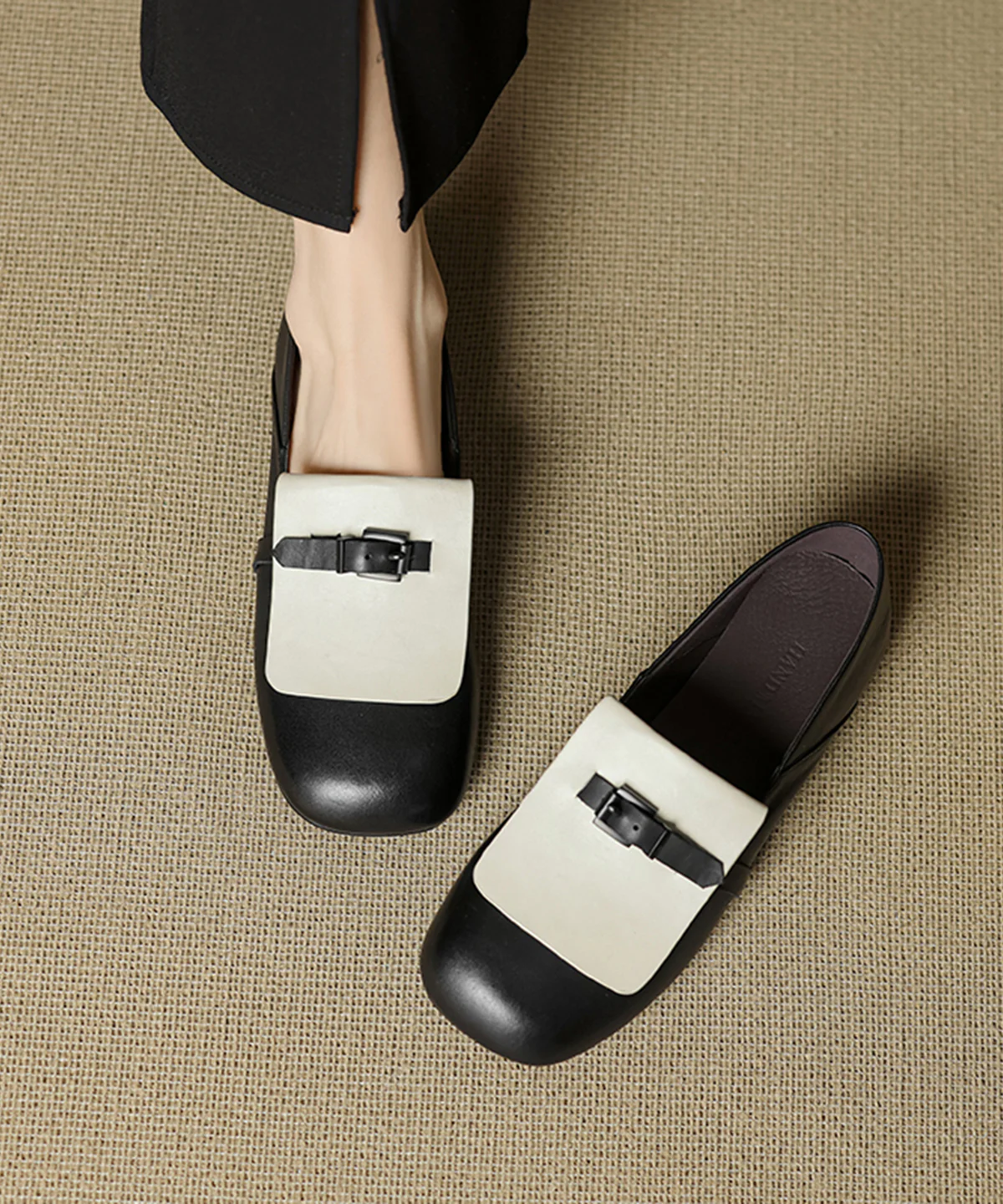 Beige Cowhide Leather Splicing Loafers For Women