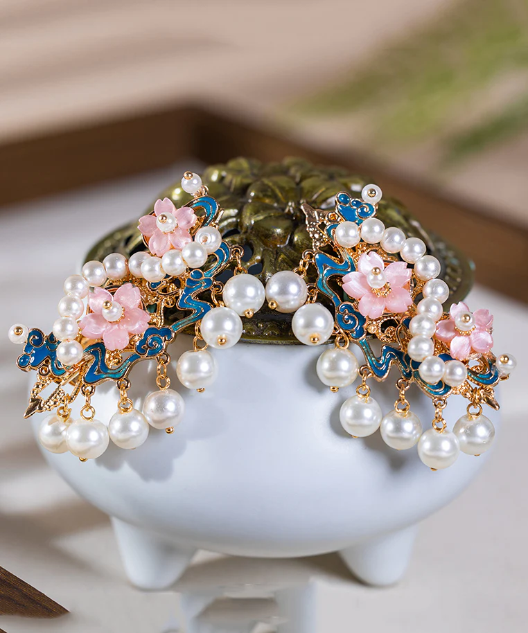 Chinese Style Gold Alloy Pearl Floral Tassel Hairpin