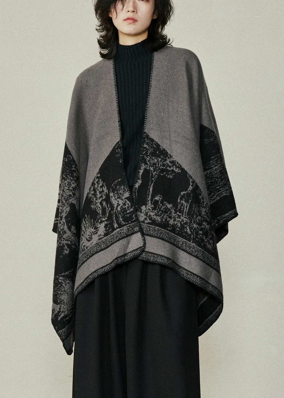 Organic Black V Neck Print Cotton Knit Shawl Coats Fal