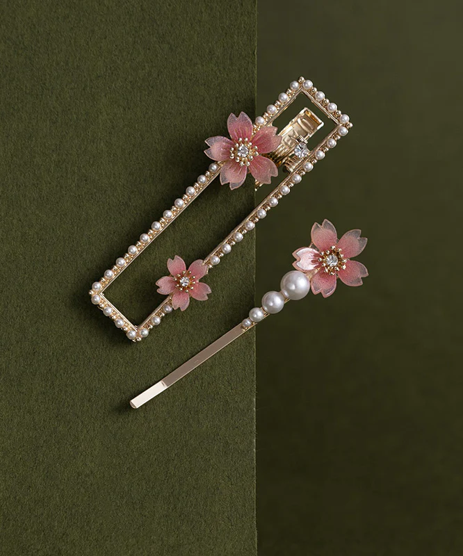 Beautiful Pink Alloy Zircon Pearl Resin Begonia Flower Hairpin Two-Piece Set