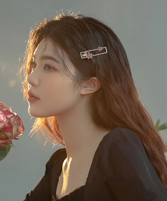 Beautiful Pink Alloy Zircon Pearl Resin Begonia Flower Hairpin Two-Piece Set