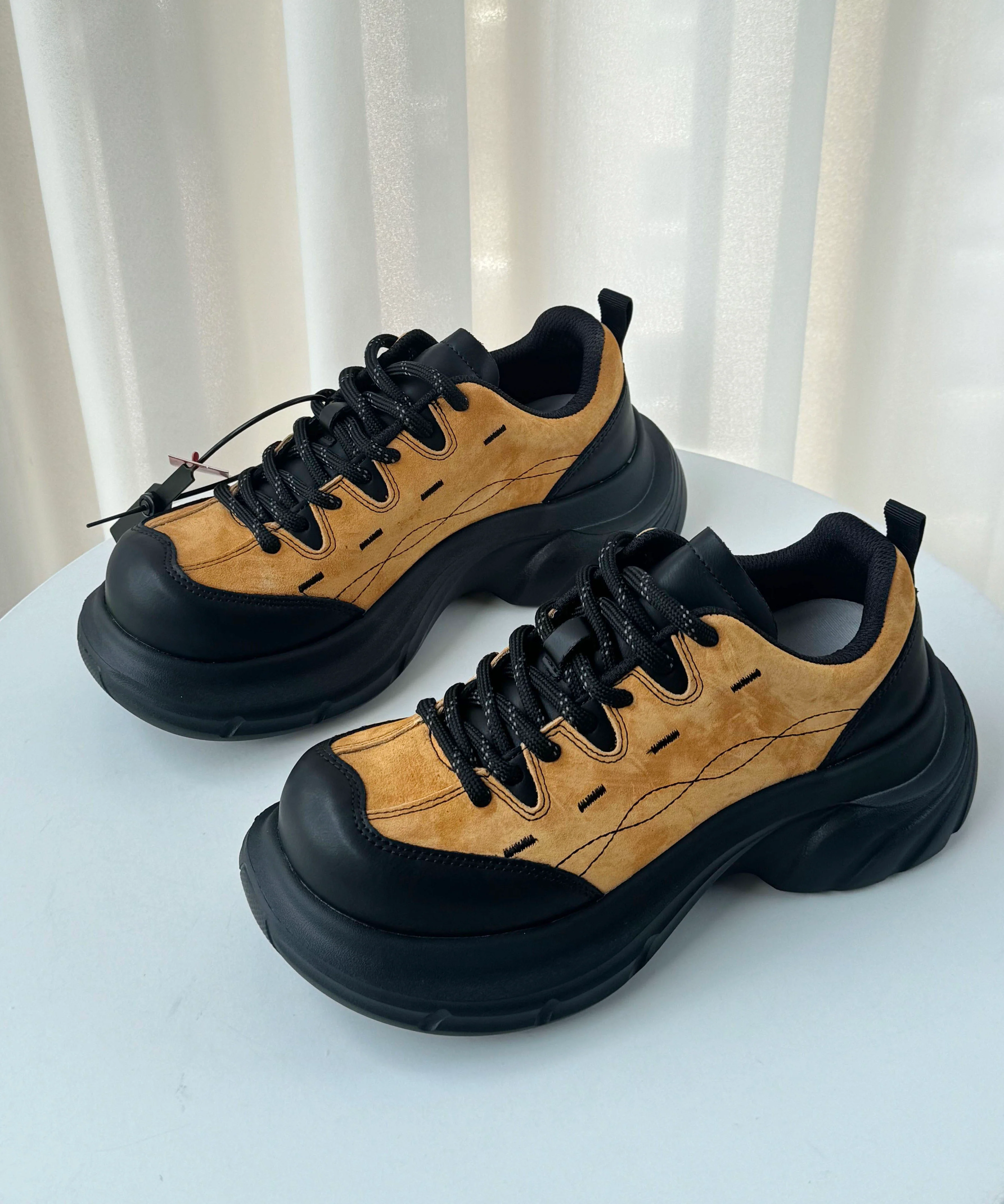 Casual Yellow Lace Up Suede Splicing Platform Flat Shoes