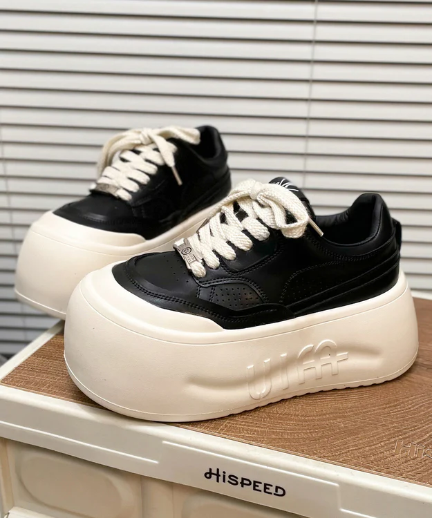 Casual Lace Up Splicing Platform Shoes Beige Cowhide Leather