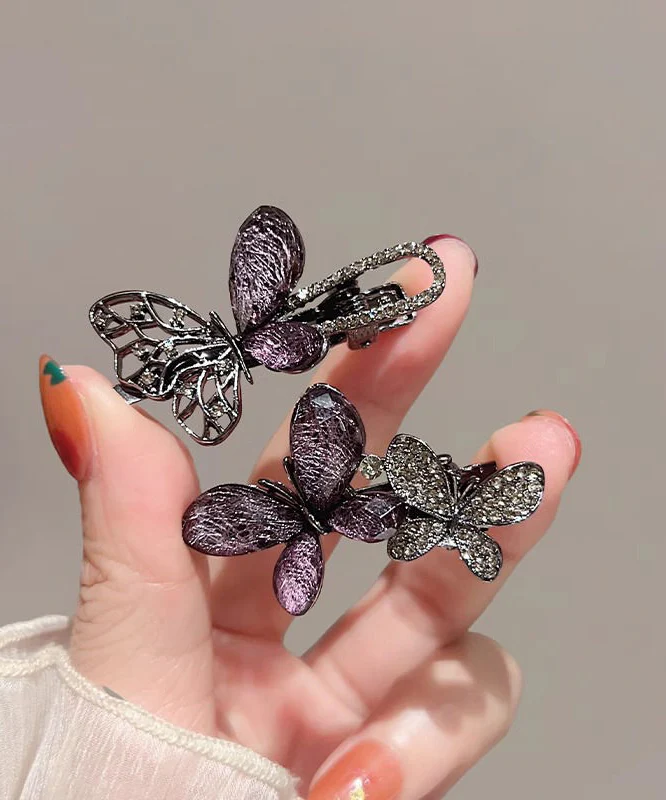 Fine Black Alloy Zircon Hollow Out Butterfly Hairpin Two-Piece Set