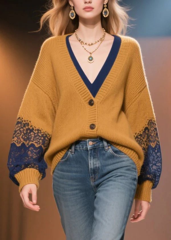 Brown Oversized Patchwork Lace Fake Two Piece Cardigans Fall