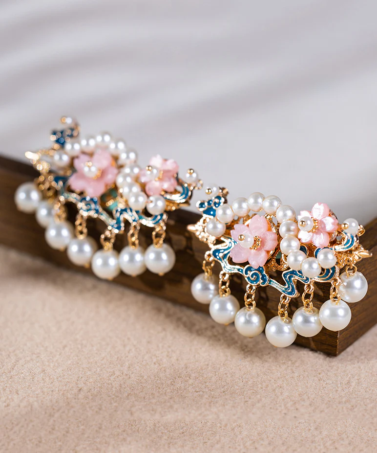 Chinese Style Gold Alloy Pearl Floral Tassel Hairpin