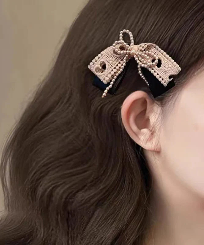 Handmade Brown Fabric Art Pearl Bow Hairpin