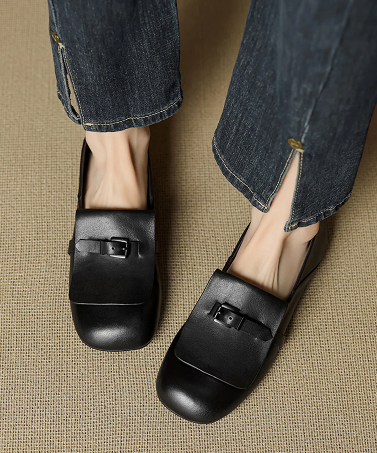 Beige Cowhide Leather Splicing Loafers For Women