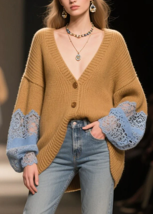 Cozy Coffee Oversized Patchwork Lace Cardigan Fall