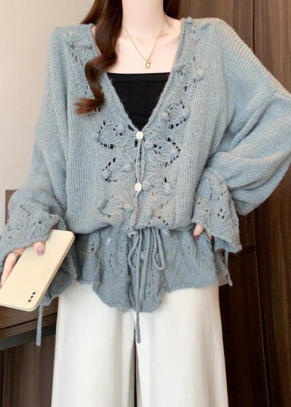 Grey Hollow Out Knit Cardigans Oversized Fall