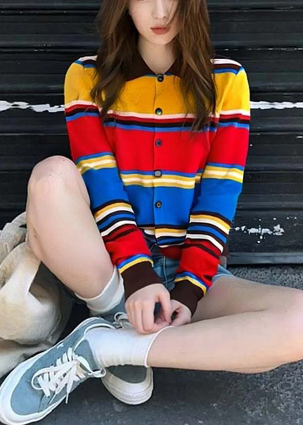 Art Striped Button Cozy Patchwork Knit Cardigan Fall