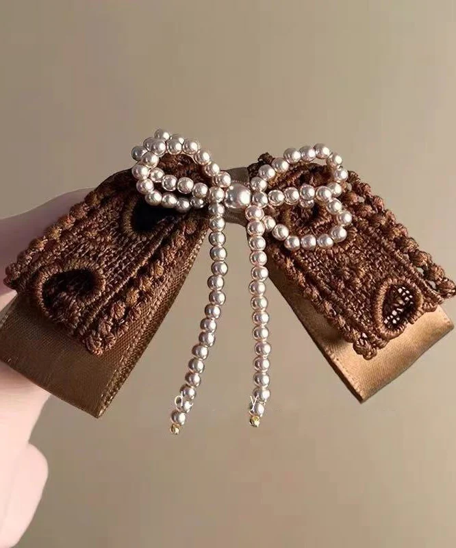 Handmade Brown Fabric Art Pearl Bow Hairpin