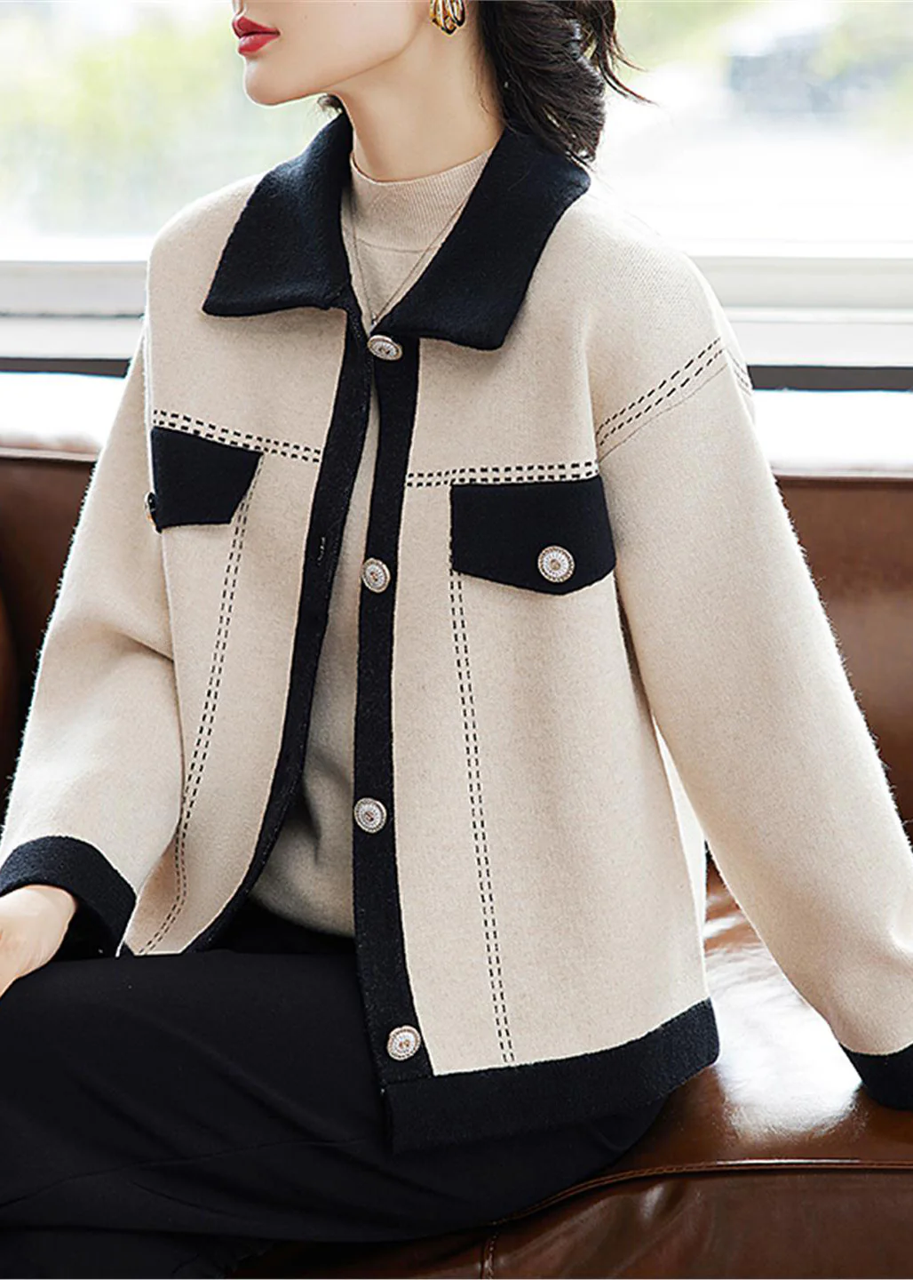 Bohemian Beige Peter Pan Collar Button Knit Cardigans Fall