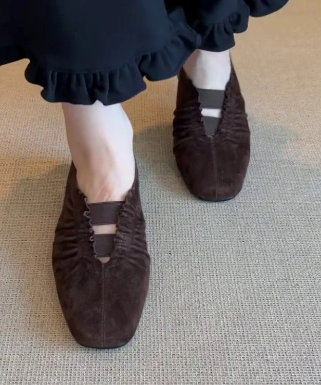 Brown Suede Wrinkled Splicing Flat Shoes For Women