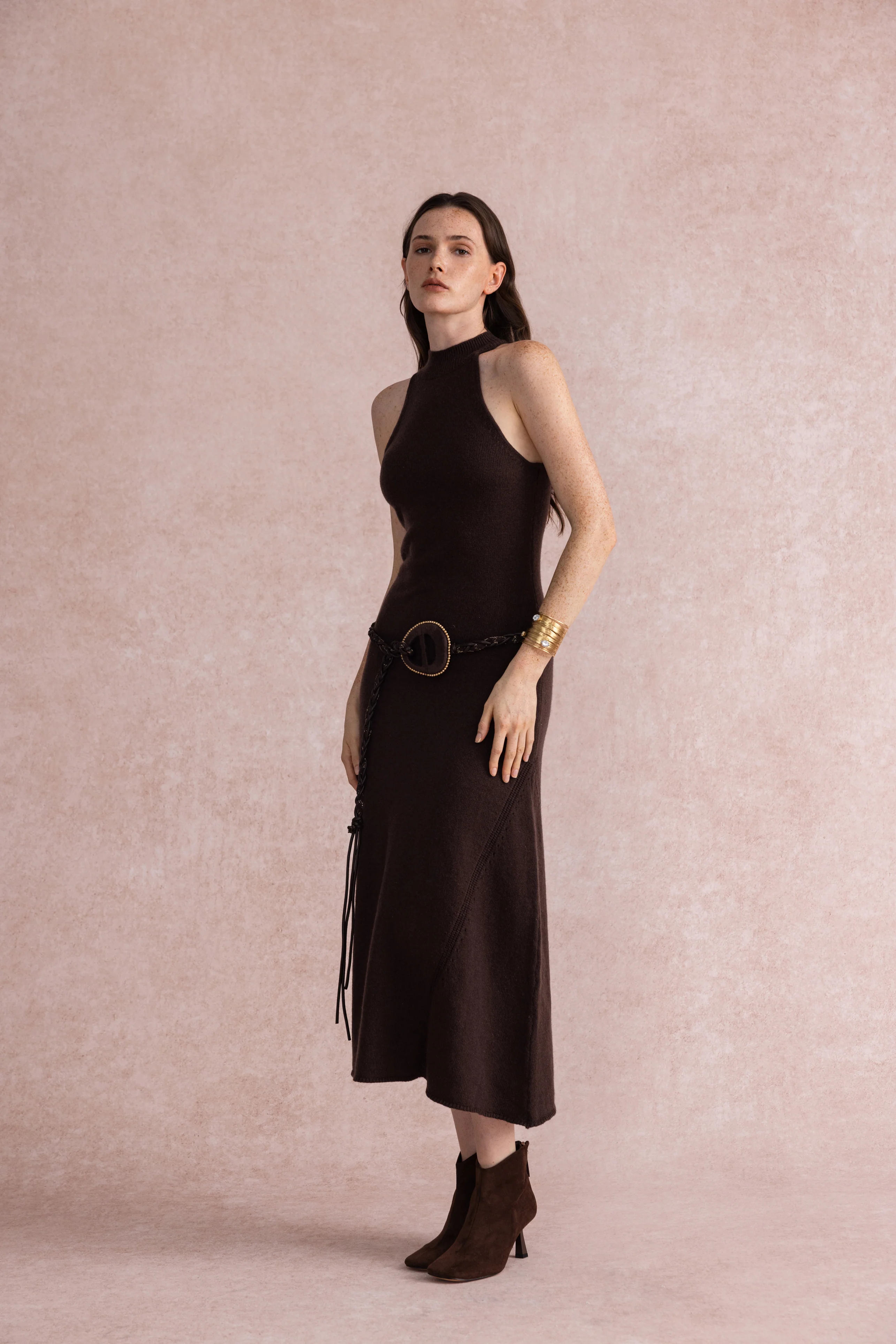 Halterneck fit and flare knit dress