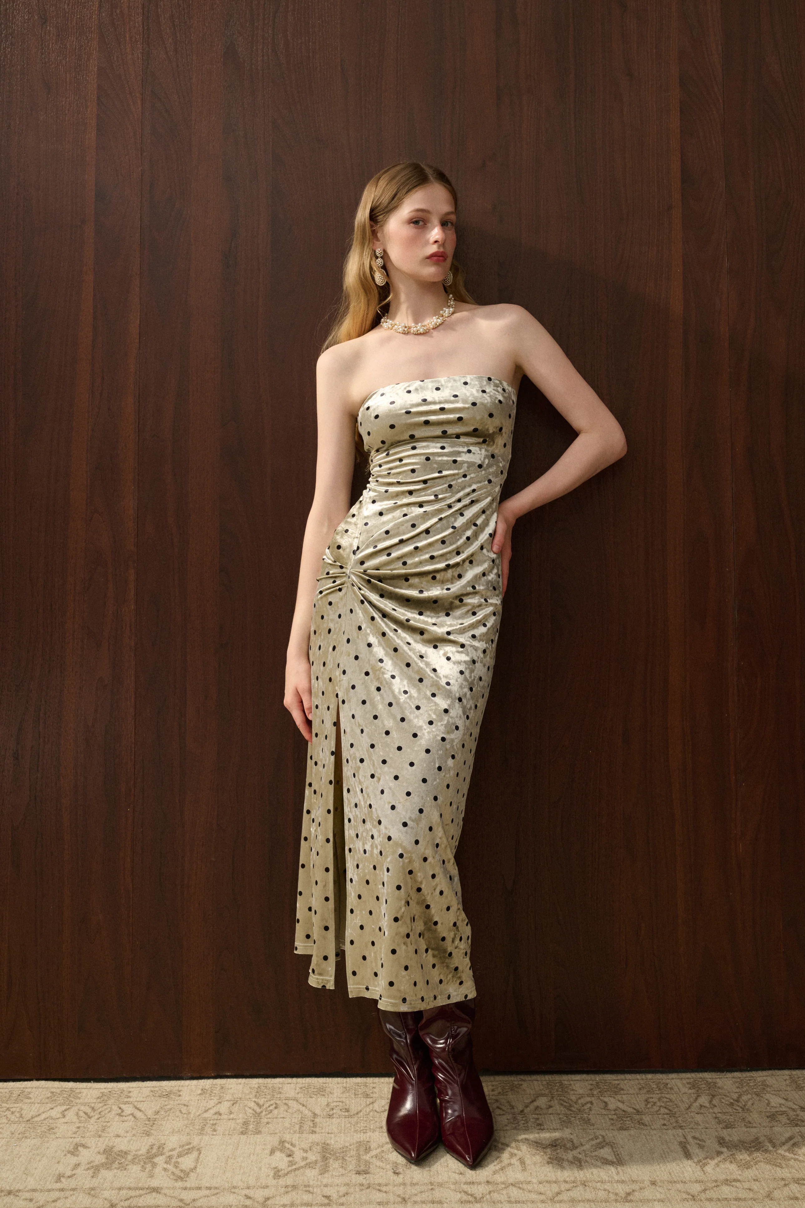 Velvet polka dot strapless dress