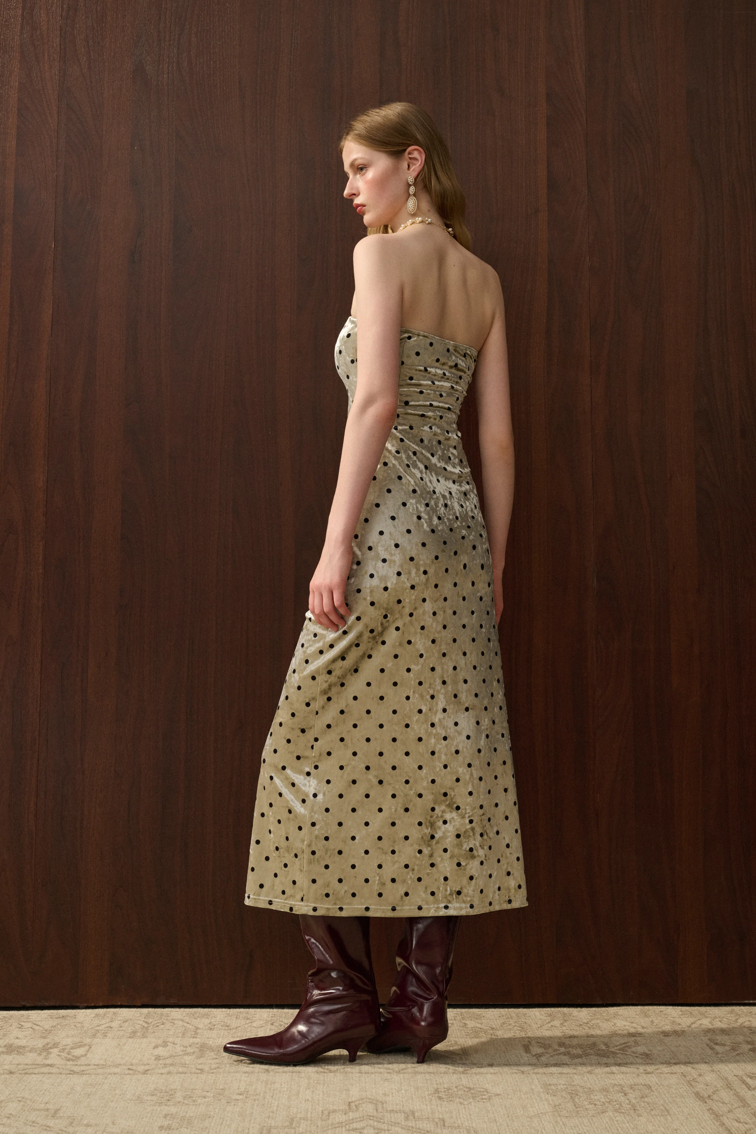 Velvet polka dot strapless dress