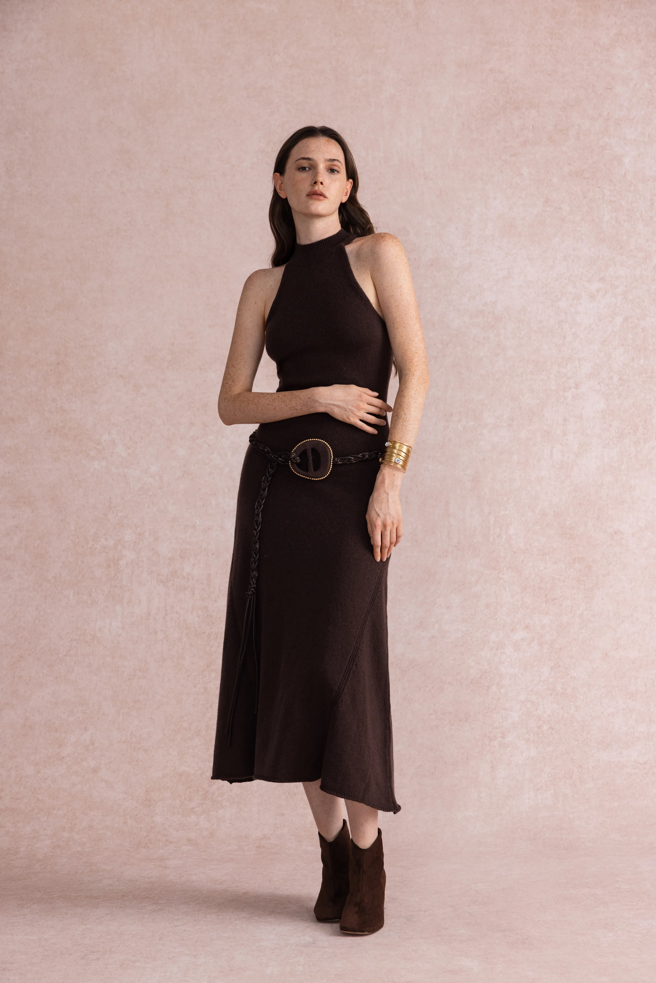 Halterneck fit and flare knit dress